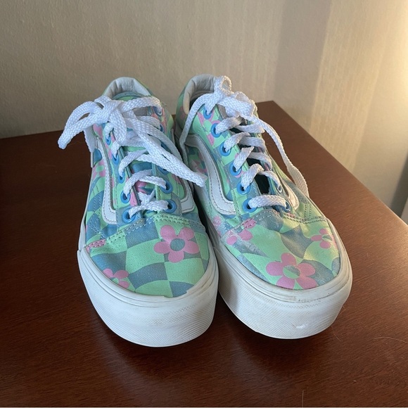 Vans Old Skool Stacked Checkered Floral Blue Platform Shoes - Picture 2 of 7